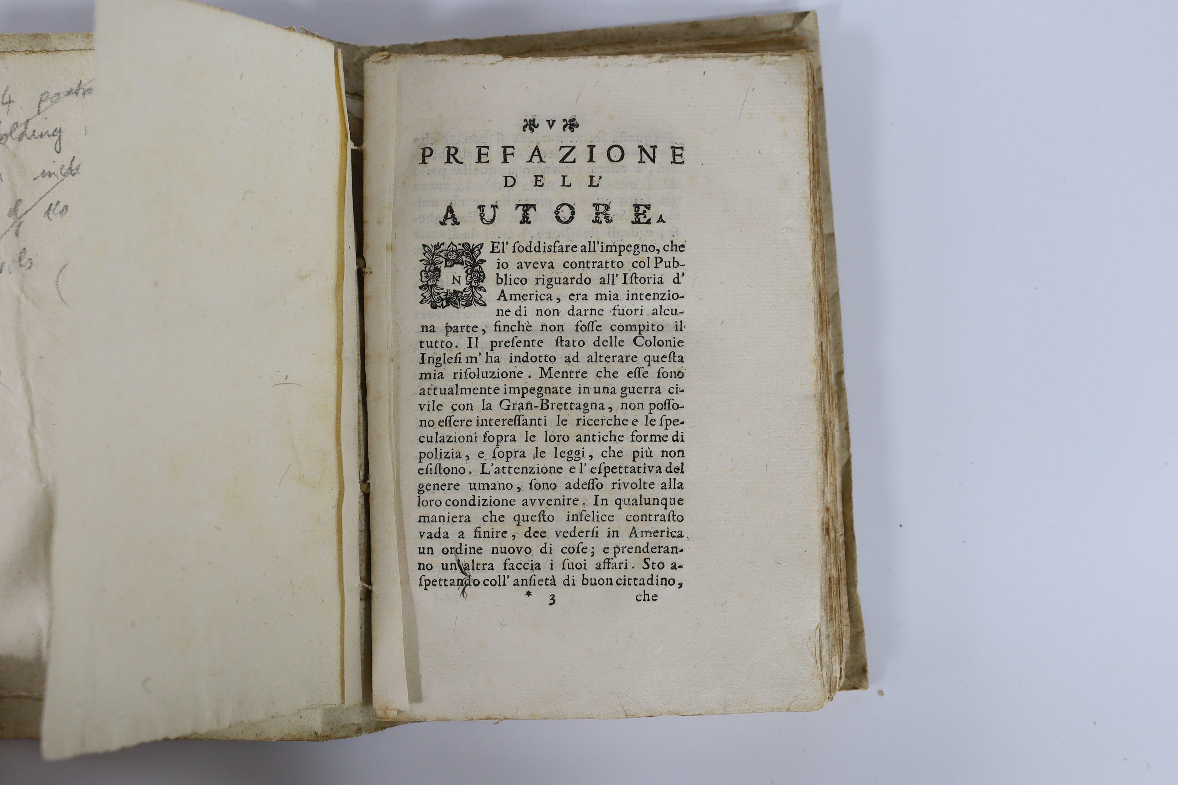 Robertson, William - Storia di America del Dottore Guglielmo Robertson tradotta dall’originale inglese dall’Abate Antonio Pillori Florentino, 4 vols, 8vo, paper covered boards, lacking all plates and maps, vol. 1 lacking